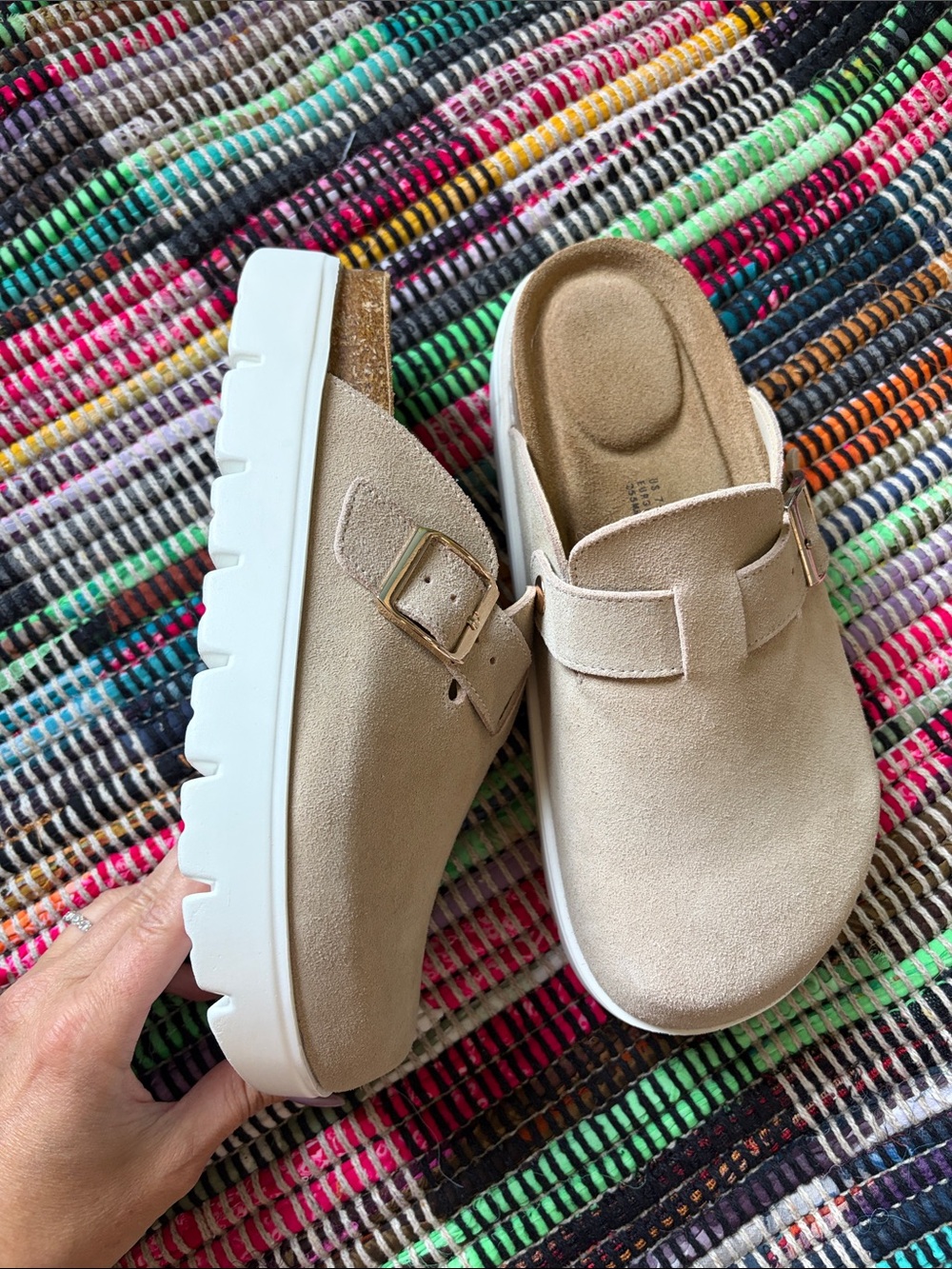 Chunky Suede Slip-On Clog in Beige with Buckle